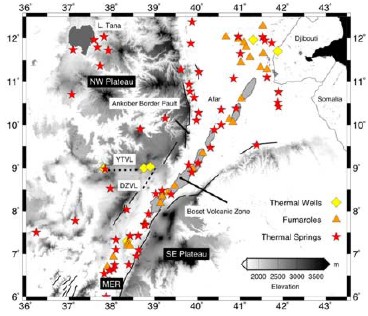 Figure 2 Distribution of known thermal springs, wells and fumaroles